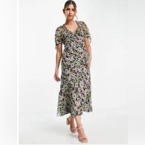 ASOS Design chiffon midi dress with lace applique floral ditsy print.